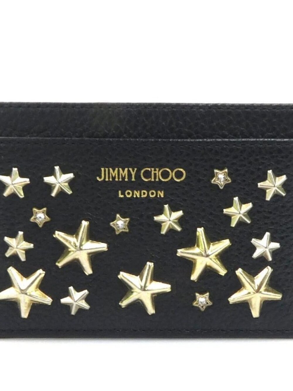 Auth JIMMY CHOO Star Studs Card Case Holder Black/Gold Leather/Metal